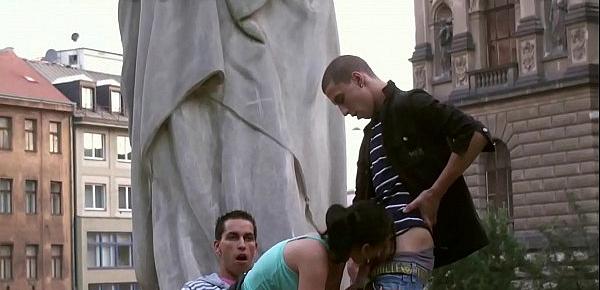 A cute teen girl fucked by a famous statue in a threesome orgy
